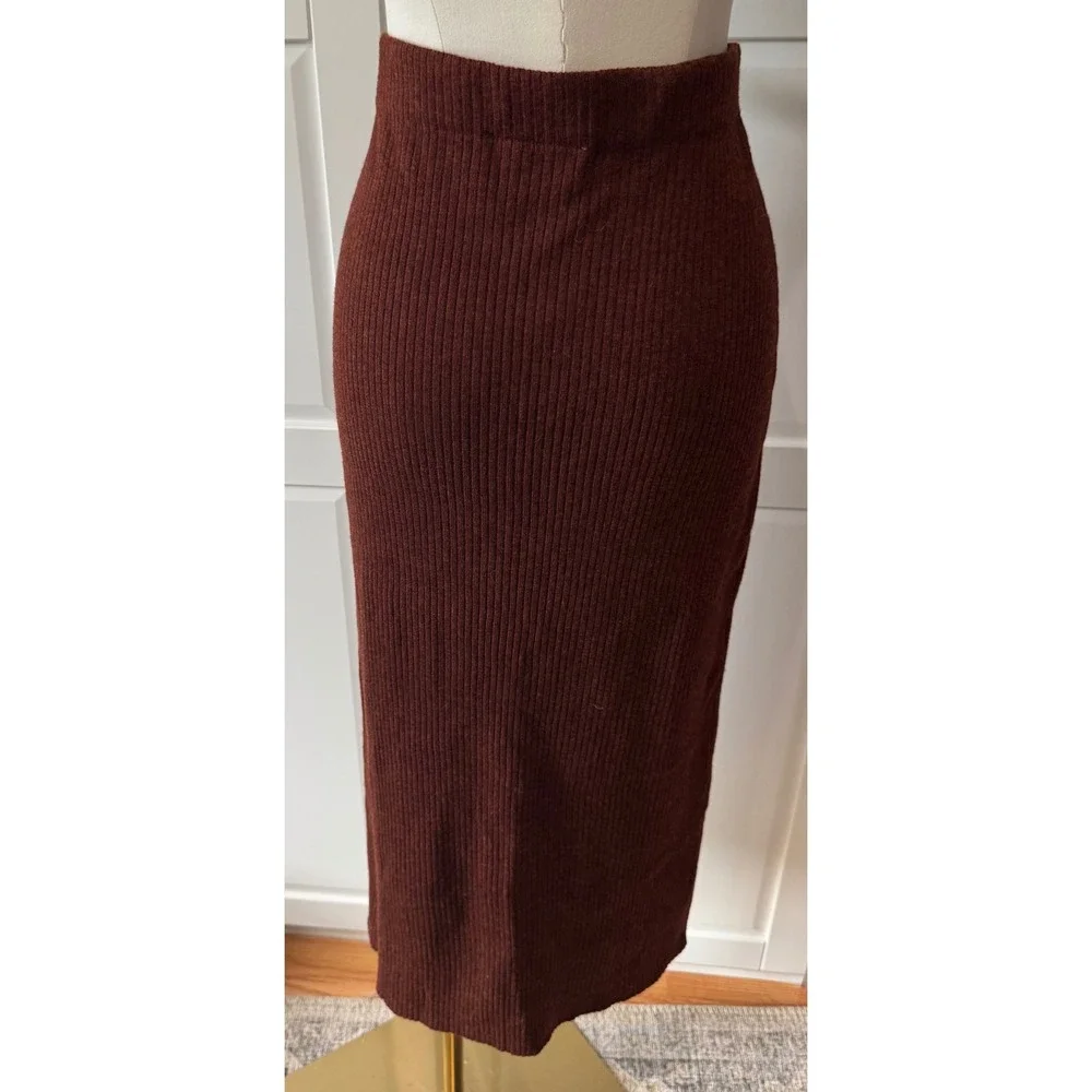 Modern Citizen Brown Ribbed Knit Midi Skirt Front Slit Wool Blend Medium